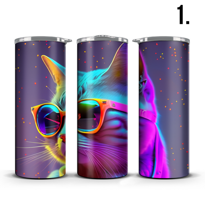 Neon Cats in Space 20 Ounce Slim Tumbler w/Sliding Lid and Plastic Straw