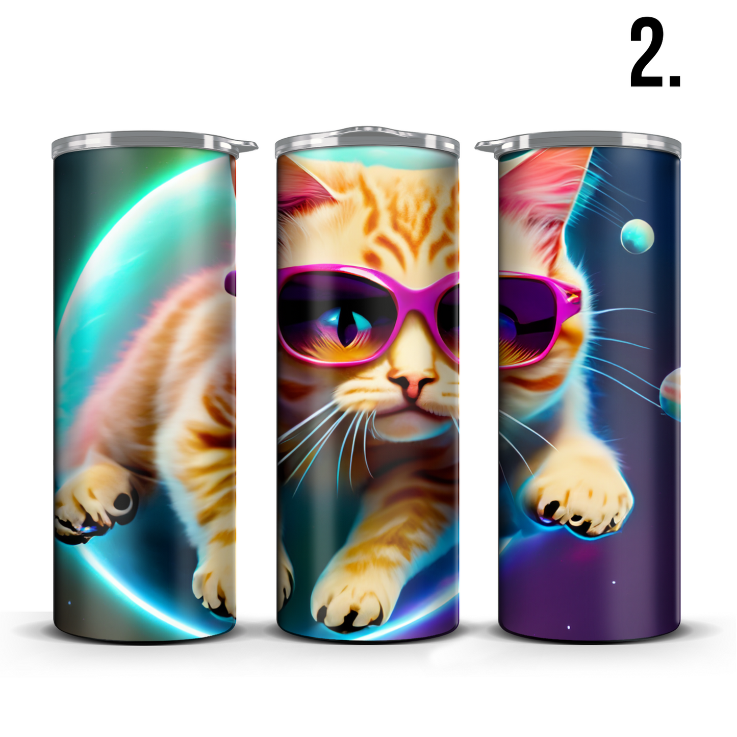 Neon Cats in Space 20 Ounce Slim Tumbler w/Sliding Lid and Plastic Straw