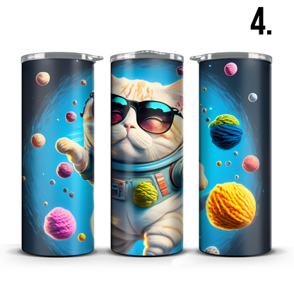 Neon Cats in Space 20 Ounce Slim Tumbler w/Sliding Lid and Plastic Straw