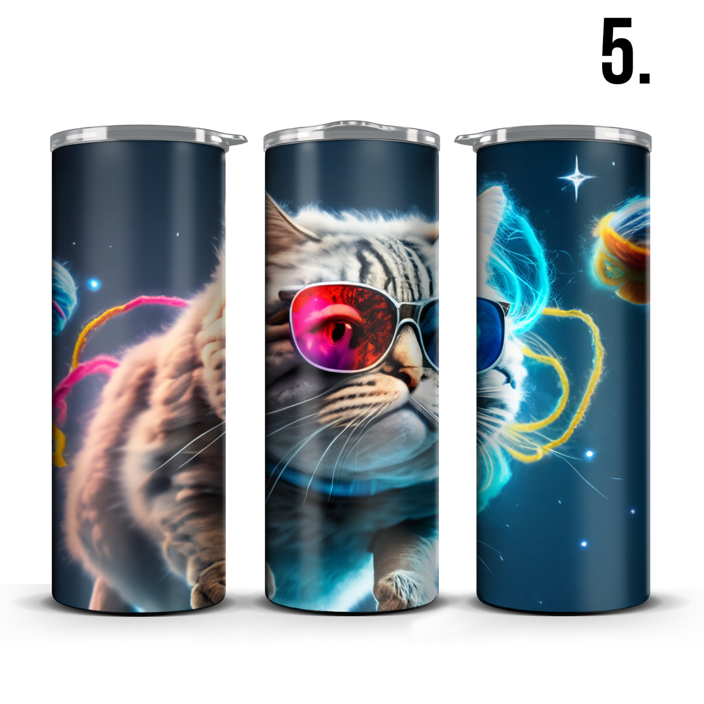 Neon Cats in Space 20 Ounce Slim Tumbler w/Sliding Lid and Plastic Straw