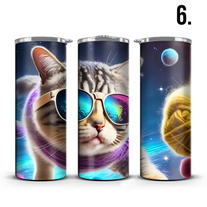 Neon Cats in Space 20 Ounce Slim Tumbler w/Sliding Lid and Plastic Straw