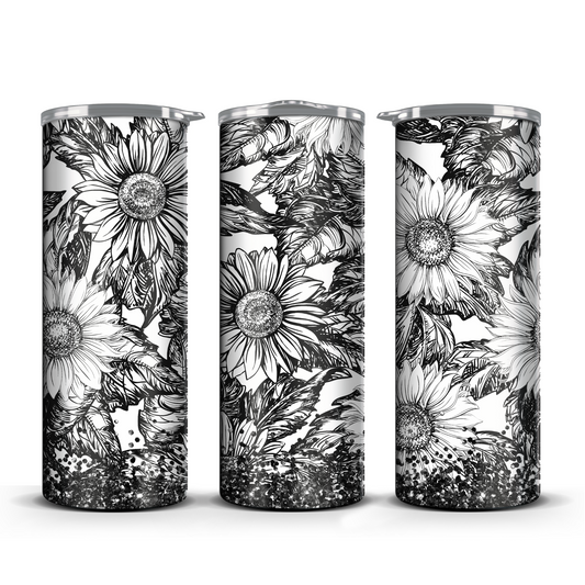 Black and White Sunflowers and Glitter 20oz Tumbler